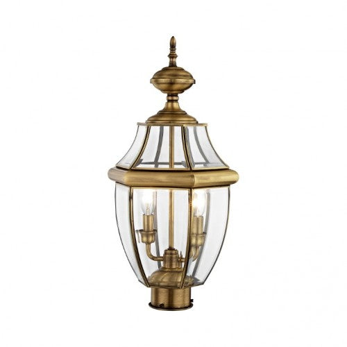 2254-01 Monterey Candelabra Base Light Bulb Socket Medium Outdoor Post Top Lantern 21.5" x 10.5" Hand Crafted Solid Brass and Clear Beveled Glass, Antique Brass Finish 120V for Garden, Exterior Post