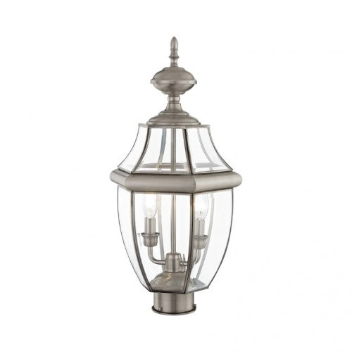 2254-91 Monterey Candelabra Base Light Bulb Socket Medium Outdoor Post Top Lantern 21.5" x 10.5" Hand Crafted Solid Brass and Clear Beveled Glass, Brushed Nickel Finish 120V for Garden, Exterior Post