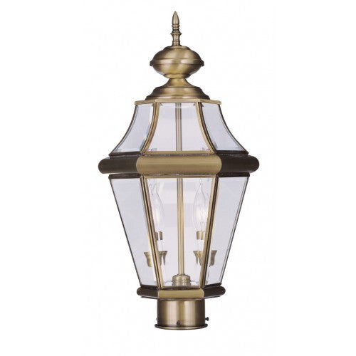 2264-01 Georgetown Candelabra Base Light Bulb Socket Medium Outdoor Post Top Lantern 21" x 10.25"  Hand Crafted Solid Brass and Clear Beveled Glass, Antique Brass Finish 120V for Garden, Exterior Post