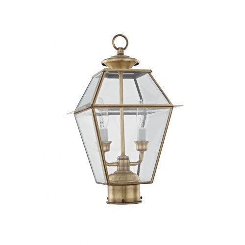 2284-01 Westover Candelabra Base Light Bulb Socket Medium Outdoor Post Top Lantern 9" x 9" x 16.5"  Hand Crafted Solid Brass and Clear Beveled Glass, Antique Brass Finish 120V for Garden, Exterior Post