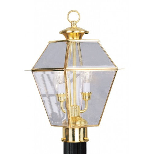 2284-02 Westover Candelabra Base Light Bulb Socket Medium Outdoor Post Top Lantern 9" x 9" x 16.5"  Hand Crafted Solid Brass and Clear Beveled Glass, Polished Brass Finish 120V for Garden, Exterior Post