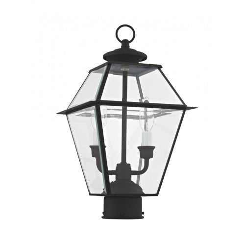 2284-04 Westover Candelabra Base Light Bulb Socket Medium Outdoor Post Top Lantern 9" x 9" x 16.5"  Hand Crafted Solid Brass and Clear Beveled Glass, Black Finish 120V for Garden, Exterior Post