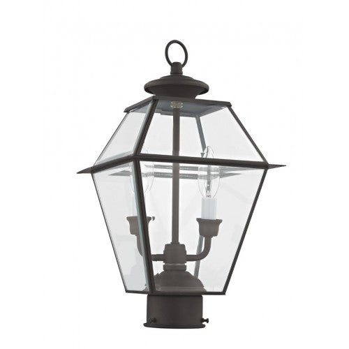 2284-07 Westover Candelabra Base Light Bulb Socket Medium Outdoor Post Top Lantern 9" x 9" x 16.5"  Hand Crafted Solid Brass and Clear Beveled Glass, Bronze Finish 120V for Garden, Exterior Post