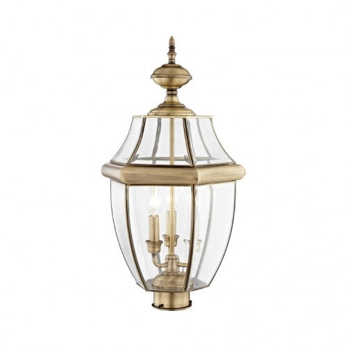 2354-01 Monterey Candelabra Base Light Bulb Socket Large Outdoor Post Top Lantern 23.5" x 12.5" Hand Crafted Solid Brass and Clear Beveled Glass, Antique Brass Finish 120V for Garden, Exterior Post