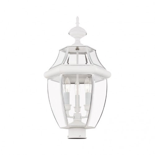 2354-03 Monterey Candelabra Base Light Bulb Socket Large Outdoor Post Top Lantern 23.5" x 12.5"  Hand Crafted Solid Brass and Clear Beveled Glass, White Finish 120V for Garden, Exterior Post