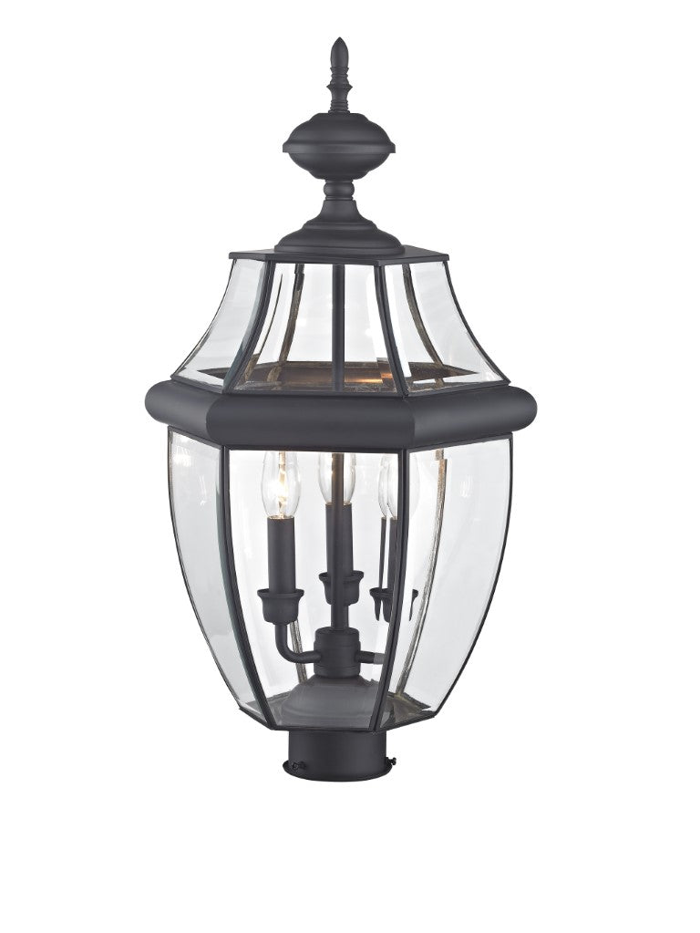2354-04 Monterey Candelabra Base Light Bulb Socket Large Outdoor Post Top Lantern 23.5" x 12.5"  Hand Crafted Solid Brass and Clear Beveled Glass, Black Finish 120V for Garden, Exterior Post