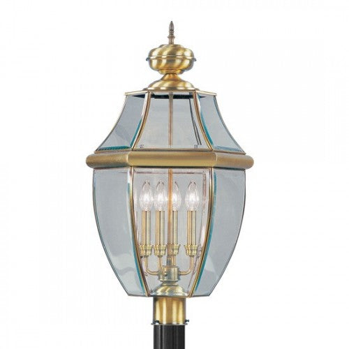 2358-01 Monterey Candelabra Base Light Bulb Socket Extra Large Outdoor Post Top Lantern 29" x 16"  Hand Crafted Solid Brass and Clear Beveled Glass, Antique Brass Finish 120V for Garden, Exterior Post