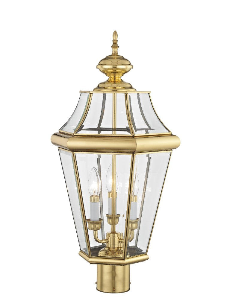 2364-02 Georgetown Candelabra Base Light Bulb Socket Large Outdoor Post Top Lantern 23.25" x 13"  Hand Crafted Solid Brass and Clear Beveled Glass, Polished Brass Finish 120V for Garden, Exterior Post