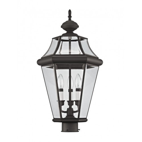 2364-07 Georgetown Candelabra Base Light 3 Bulb Sockets Large Outdoor Post Top Lantern 23.25" x 13"  Hand Crafted Solid Brass and Clear Beveled Glass, Bronze Finish 120V for Garden, Exterior Post