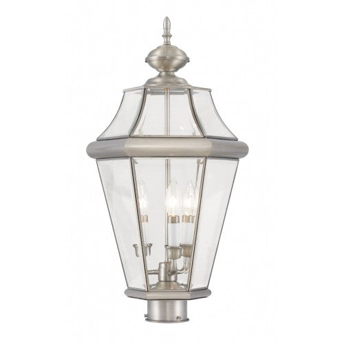 2364-91 Georgetown Candelabra Base Light 3 Bulb Sockets Large Outdoor Post Top Lantern 23.25" x 13"  Hand Crafted Solid Brass and Clear Beveled Glass, Brushed Nickel Finish 120V for Garden, Exterior Post