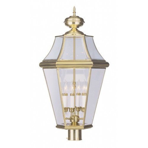 2368-02 Georgetown Candelabra Base Light 4 Bulb Sockets Extra Large Outdoor Post Top Lantern 29" x 16"  Hand Crafted Solid Brass and Clear Beveled Glass, Polished Brass Finish 120V for Garden, Exterior Post