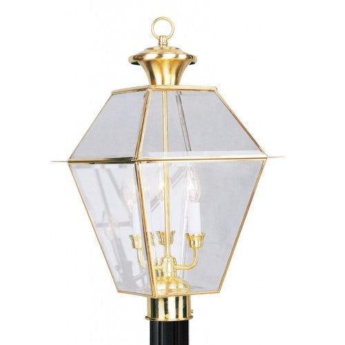 2384-02 Westover Candelabra Base 3 Light Bulb Sockets Large Outdoor Post Top Lantern 12" x 12" x 21.5" Hand Crafted Solid Brass and Clear Beveled Glass, Polished Brass Finish 120V for Garden, Exterior Post