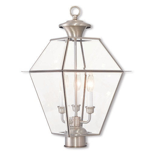 Westover Candelabra Base 3 Light Bulb Sockets Large Outdoor Post Top Lantern 12" x 12" x 21.5" Hand Crafted Solid Brass and Clear Beveled Glass, Brushed Nickel Finish 120V for Garden, Exterior Post - 2384-91