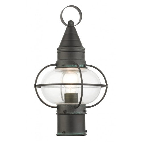 26902-61 Newburyport Medium Base 1 Light Bulb Socket Medium Outdoor Post Top Lantern 15" x 8.75" Solid Brass and Hand Blown Clear Glass, Charcoal Finish 120V for Garden, Exterior Post