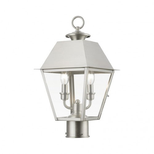 27216-91 Wentworth Candelabra Base 2 Light Bulb Sockets Outdoor Medium Post Top Lantern 9" Sq x 17.5" H Solid Brass and Clear Glass, Brushed Nickel Finish 120V for Garden, Exterior Post