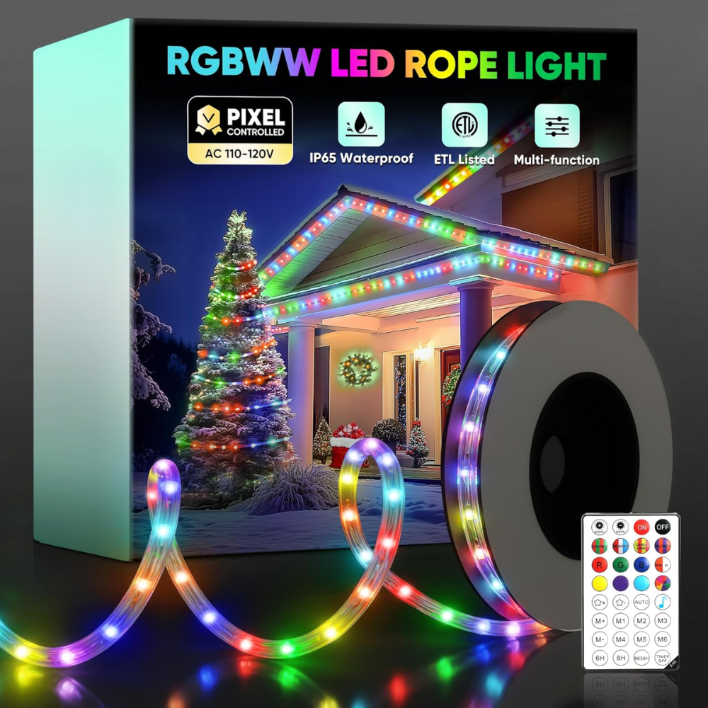 SLNR17 Dotted Neon RGBIC+CCT LED Strip Light 110V IP65 Outdoor Rated Dimmable High Voltage Flexible Rope Light , Mounting Clips, End Cap, Screws, Remote Control and Power Supply