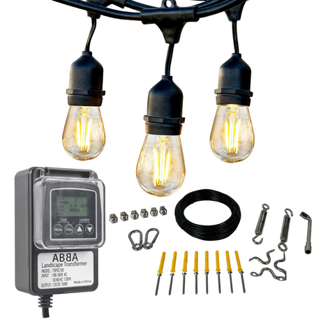 SL101 LED Low Voltage Bistro String Lights 48 FT Outdoor Weatherproof 12V  Edison Bulbs with 100W DC Transformer and 55ft Hanging Kit Package Deal