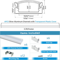 AC11 U-Shaped Rectangular Silver Finish Aluminum Channel with Transparent Clear Plastic Cover 3.3FT/1M or 6.6ft/2M For Max 12mm Width LED Strip Lights Pack of 6/10/20