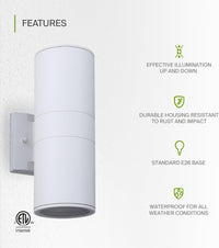 SCSH02 120V Line Voltage LED Aluminum Cylinder Up Down Light 2 Directional Sconce Lighting Medium Base Sockets