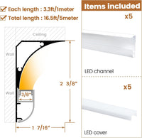 AC02 Aluminum Channel Crown Moulding Trim with Diffuser 5-Pack 3.3FT/1M (5M) For Strip Lights