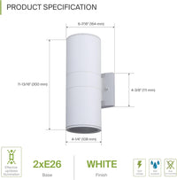 SCSH02 120V Line Voltage LED Aluminum Cylinder Up Down Light 2 Directional Sconce Lighting Medium Base Sockets