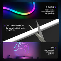 SLNR13 Dotless COB Bluetooth Smart App and Remote Operated RGB-IC Addressable Dream Rainbow Color 9.8.4ft to 65.6ft Neon LED Strip Light DC24V IP65 Dimmable Low Voltage Silicone Strip Light Adapter Power Supply and Remote Included