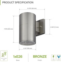 SCSH03 120V Line Voltage LED Aluminum Cylinder Up Down Light Mono Directional Sconce Lighting Medium Base Sockets