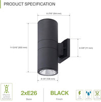 SCSH02 120V Line Voltage LED Aluminum Cylinder Up Down Light 2 Directional Sconce Lighting Medium Base Sockets