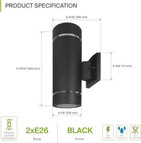 SCSH02 120V Line Voltage LED Aluminum Cylinder Up Down Light 2 Directional Sconce Lighting Medium Base Sockets
