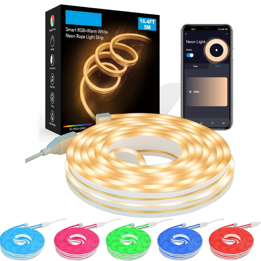 SLNR09 Dotless COB Smart Wi-Fi Bluetooth RGBW 16.4ft Neon LED Strip Light DC12V IP20 Indoor Rated Dimmable Low Voltage Silicone Strip Light with Mounting Clips, Screws, Power Adapter and Voice Control