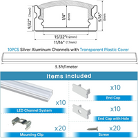 AC11 U-Shaped Rectangular Silver Finish Aluminum Channel with Transparent Clear Plastic Cover 3.3FT/1M or 6.6ft/2M For Max 12mm Width LED Strip Lights Pack of 6/10/20