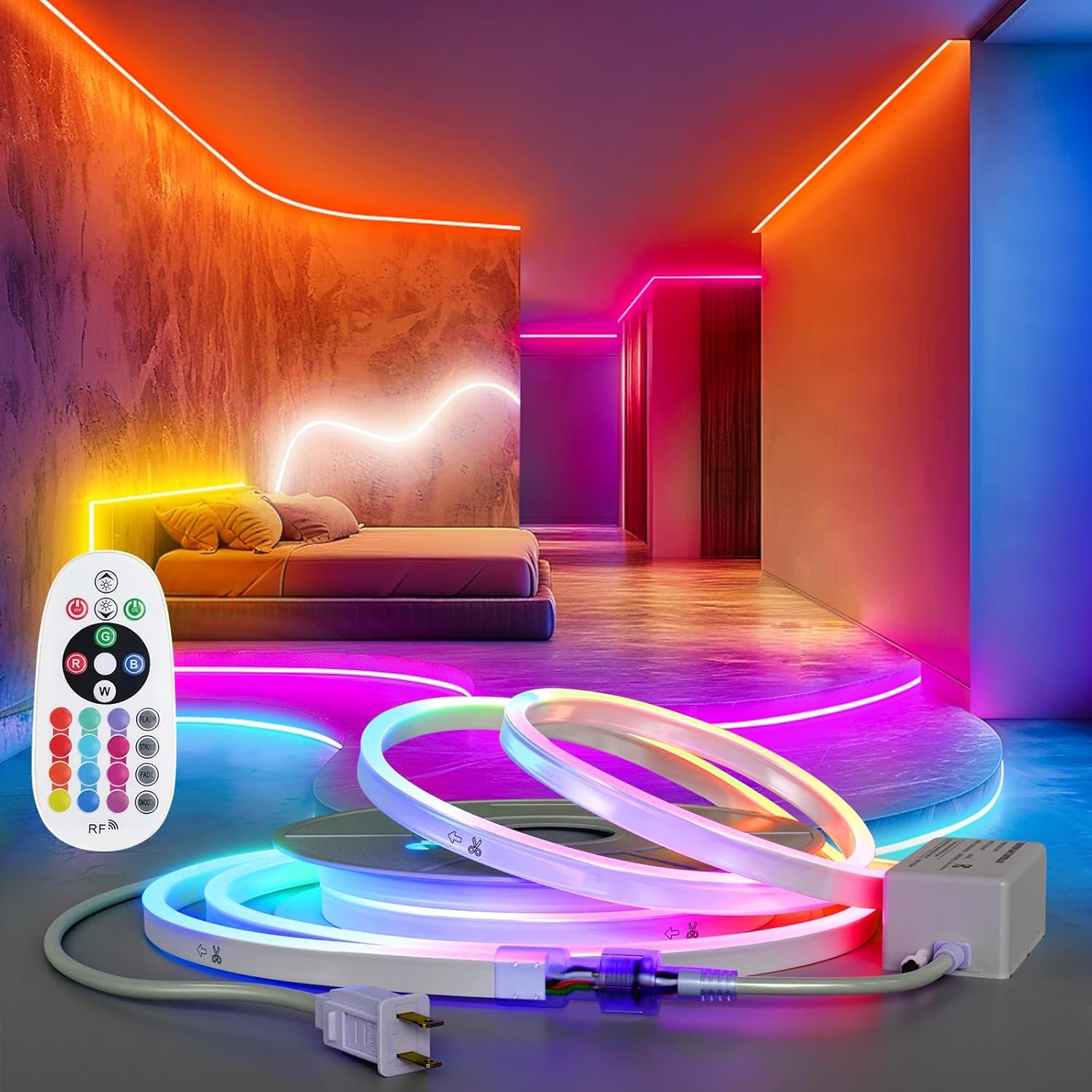 SLNR12 Dotless Neon RGB LED Strip Light 110V IP65 Outdoor Rated Dimmable High Voltage Silicone Strip Light Screws, Mounting Aluminum Clamps, End Cap, Screws, Remote Control and Power Cable