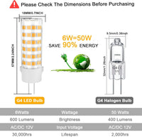 6-Pack 6W G4 12V AC/DC 2700K 600LM Non-Dimmable SMD Bi Pin LED Capsule Bulb Energy Efficient Light Package