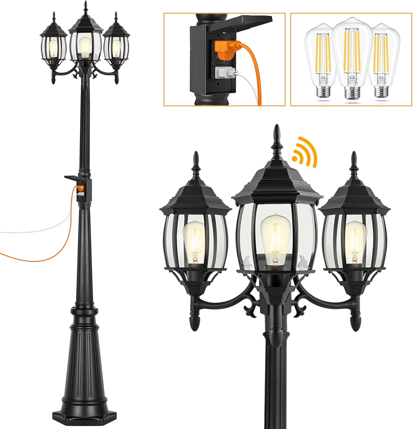 Outdoor Landscape Lighting LED 12V Low Voltage PLH01 Classic Black or White Aluminum 3-Head Post Light 95" Pole with Glass Panels 3 6W 2700K E26 Base Medium Base Included 120V with Photocell Sensor Sockets for Garden, Exterior Lighting Black