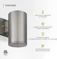 SCSH03 120V Line Voltage LED Aluminum Cylinder Up Down Light Mono Directional Sconce Lighting Medium Base Sockets