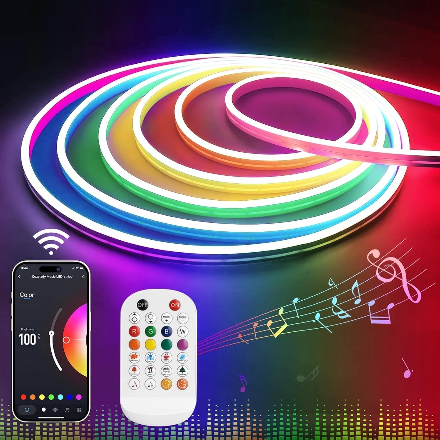 SLNR05 Dotless COB Smart Bluetooth RGB Neon LED Strip Light 8mmx12mm DC24V 2.2W/ft IP65 Outdoor Rated Dimmable Low Voltage Silicone Strip Light with Mounting Clips and Screws