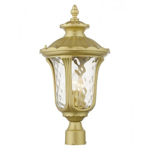 7859-33 Oxford Candelabra Base 3 Light Bulb Socket Large Outdoor Post Top Lantern 21.5" x 11" Cast Aluminum and Hand Blown Clear Water Glass, Soft. Gold Finish 120V for Garden, Exterior Post