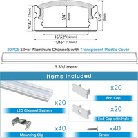 AC11 U-Shaped Rectangular Silver Finish Aluminum Channel with Transparent Clear Plastic Cover 3.3FT/1M or 6.6ft/2M For Max 12mm Width LED Strip Lights Pack of 6/10/20