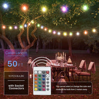 SLR104 50ft Adjustable Connector LED RGBW Bistro String Lights RGBW Color Changing Outdoor Weatherproof 12V 3W E10 B9 10pcs Bulbs