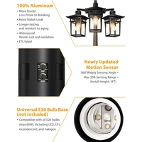 PLH04 360° Motion Sensor and Dusk-to-Dawn Classic Black Aluminum 3-Head Rectangular Post Light 87.5