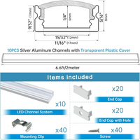 AC11 U-Shaped Rectangular Silver Finish Aluminum Channel with Transparent Clear Plastic Cover 3.3FT/1M or 6.6ft/2M For Max 12mm Width LED Strip Lights Pack of 6/10/20