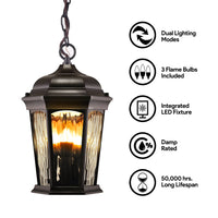 Aluminum LED Hanging Flame Lantern with Water Glass 12.5W 1300lm 3000K with Flame Bulb Effect Fixture with Photocell and Motion Sensor Integrated LED Line Voltage 120V AC IP64 Damp-rated