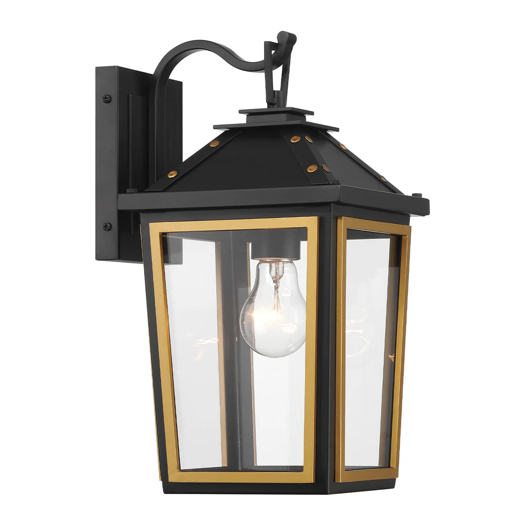 Hawkins 1 Light Outdoor Sconce 7.25"x14" Stainless Steel and Glass Matte Black with Textured Gold Finish 120V E26 LED Bulb Socket for Patio, Garden, Exterior Walls