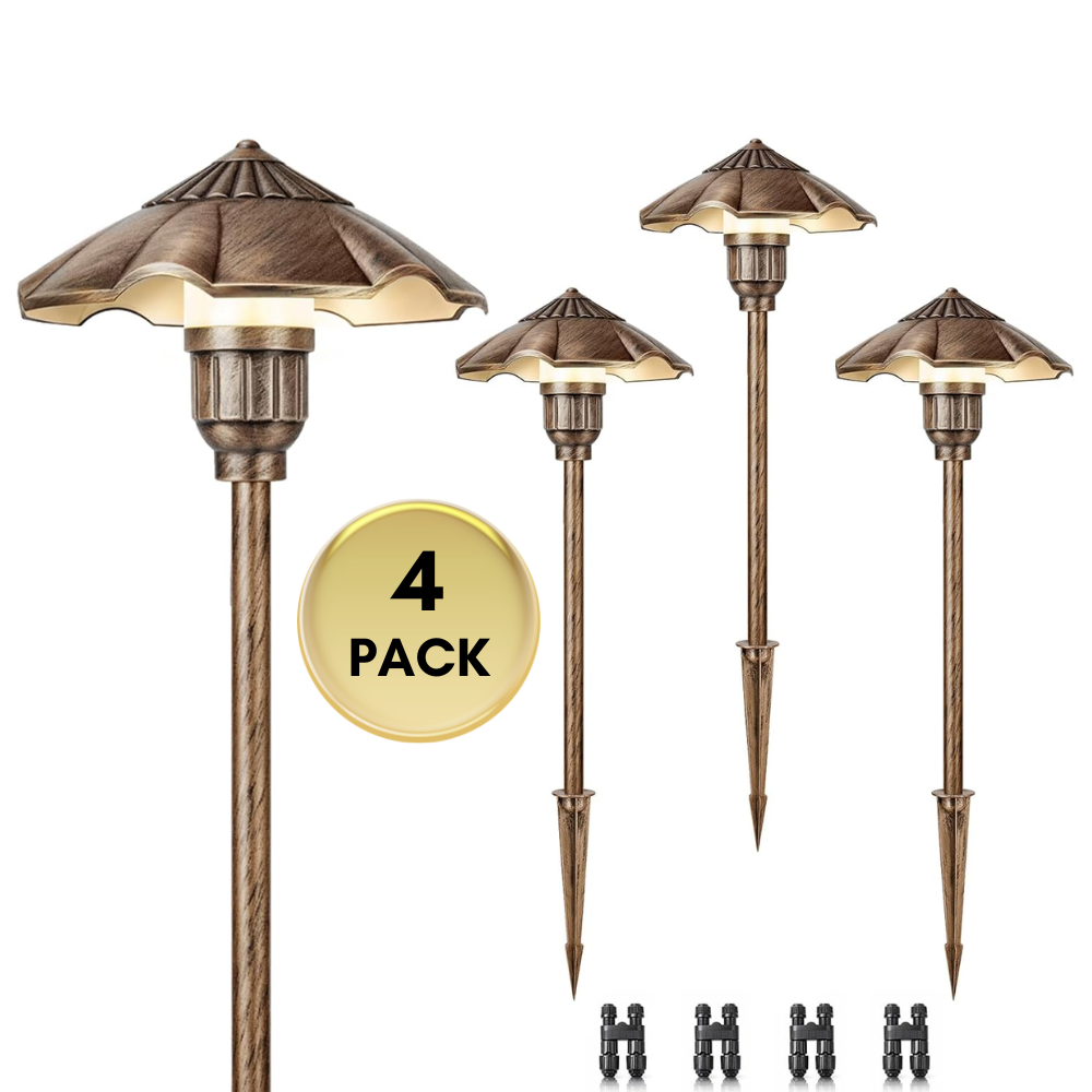 Outdoor Landscape Lighting LED 12V Low Voltage ALP04 4- and 6-Pack 12V Low Voltage 5W 200LM 2900K Warm White LED Landscape Lighting, Oil-Rubbed Bronze Umbrella Pathway Light Package, Die-Cast Aluminum, IP65 Waterproof 4 Pack