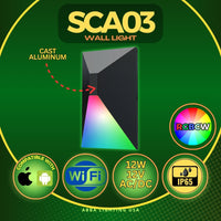 SCA03 Integrated LED 12W RGBCW Wi-Fi and Bluetooth 8″x5.17″x3.5″ 12V-24V Low Voltage Aluminum Wall Sconce Lighting IP65 Waterproof