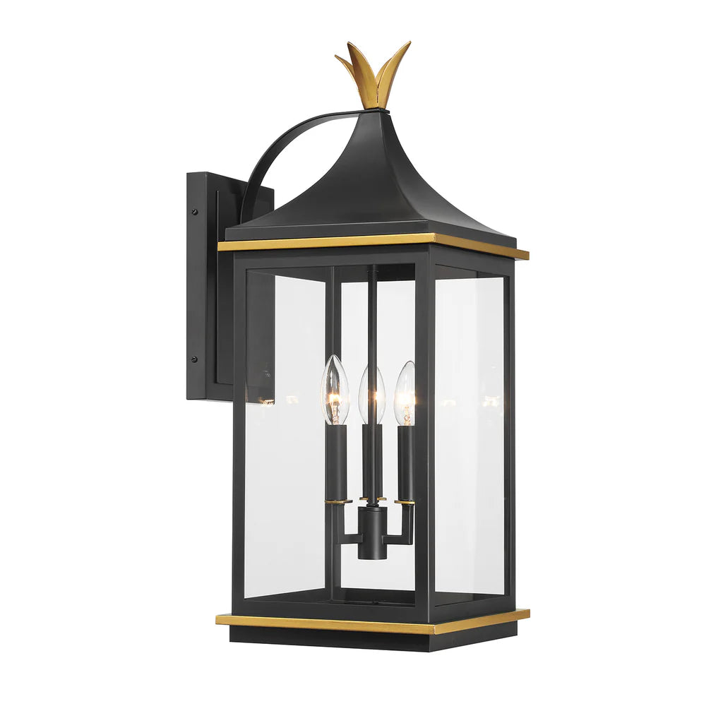 Simpson 3 Light Outdoor Sconce 10"x25" Stainless Steel and Glass Matte Black with Textured Gold Finish 120V 3 E12 Candelabra Base LED Bulb Sockets for Patio, Garden, Exterior Walls