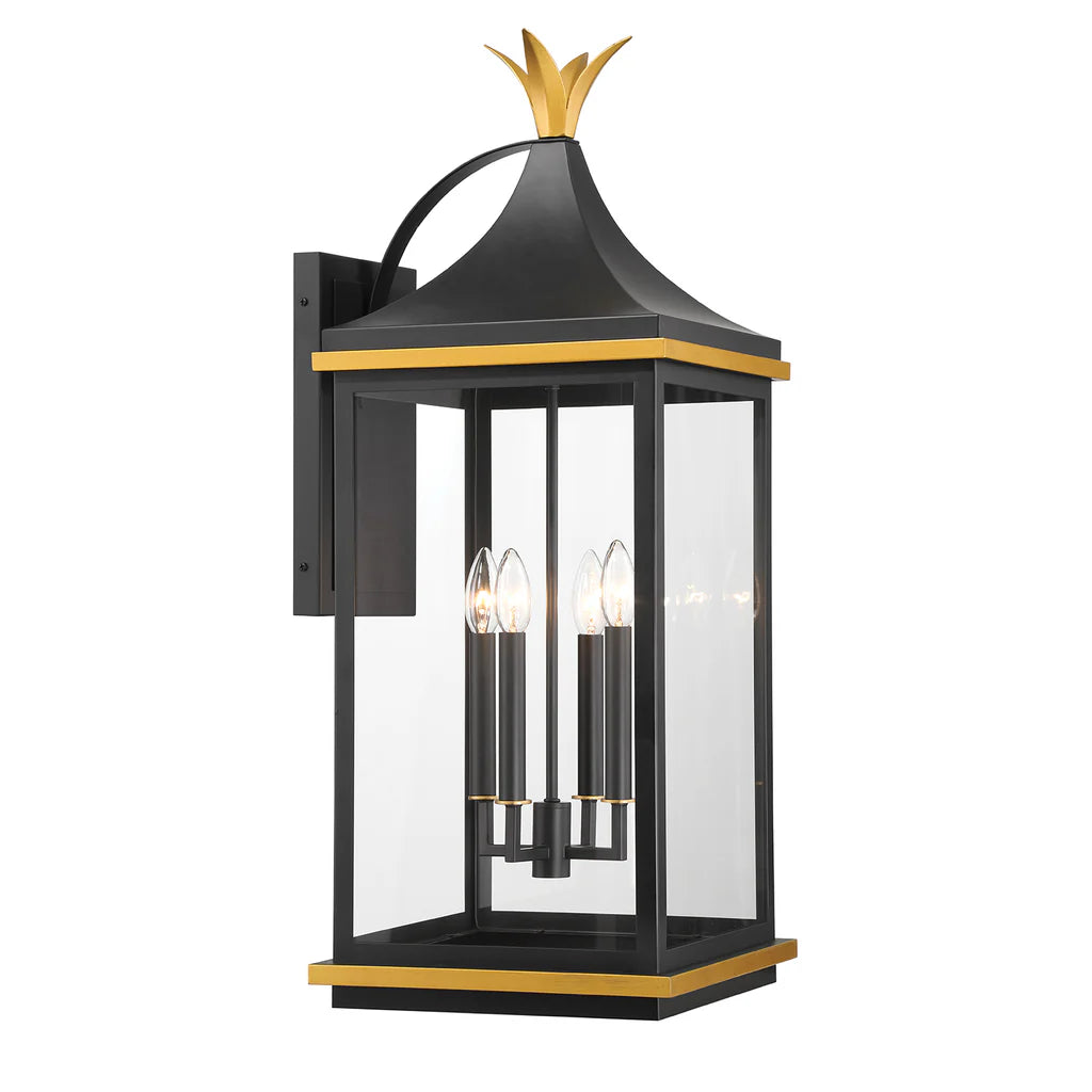 Simpson 4 Light Outdoor Sconce 12.25"x31.5" Stainless Steel and Glass Matte Black with Textured Gold Finish 120V 4 E12 Candelabra Base LED Bulb Sockets for Patio, Garden, Exterior Walls