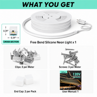 Outdoor Landscape Lighting LED 12V Low Voltage SLN14 Dotless Neon LED Strip Light 120V 3W/ft 120LEDs/M Free Bend IP65 Outdoor Rated High Voltage Soft Silicone Strip Light with Aluminum Clamps, Screws, End Cap and Power Cable