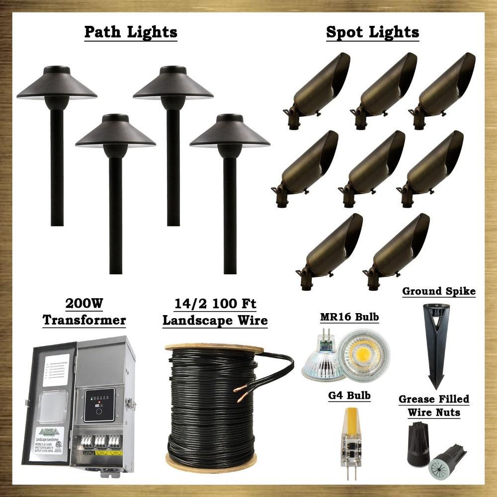 Dark Brass LED Connoisseur Kit: (8) SPB04 Spot Lights, (4) PLB02 Path Lights.