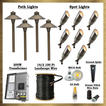 Natural Brass LED Connoisseur Kit: (8) SPB06 Spot Lights, (4) PLB03 Path Lights.